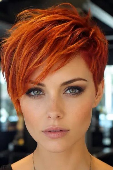 Vibrant Orange Pixie Cut with Long Sweeping Bangs