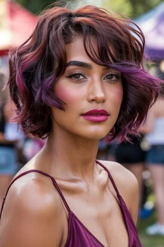 Vibrant Purple-Tinted Wavy Bob with Side-Swept Bangs
