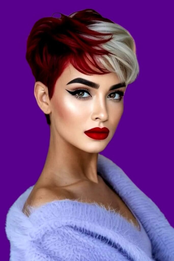 Vibrant Red and White Split-Color Pixie Cut