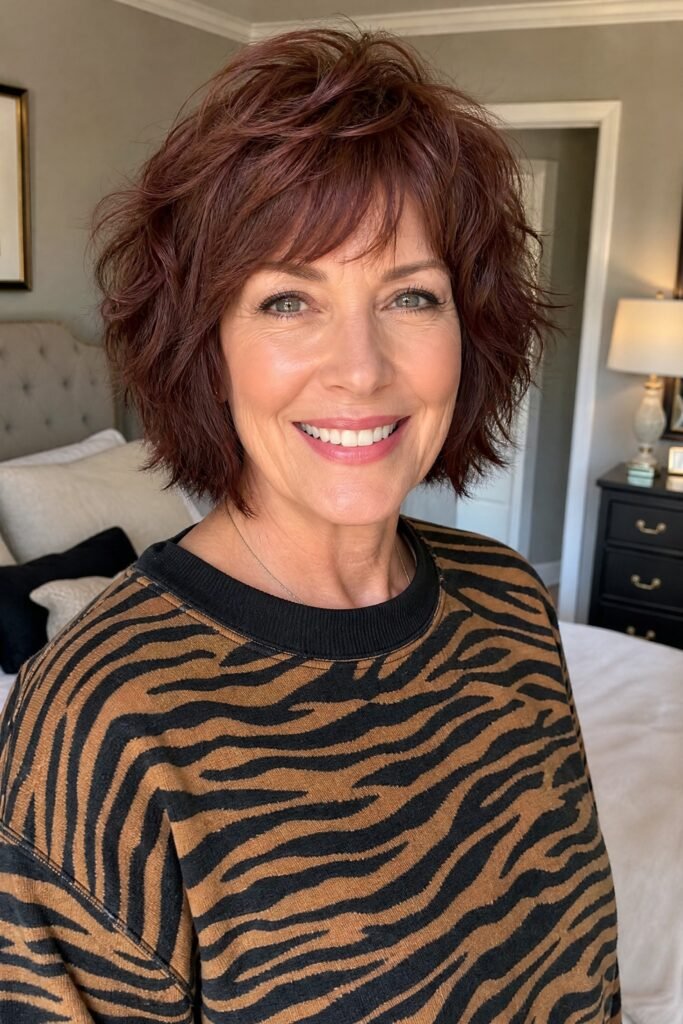 Voluminous Auburn Shag Bob with Bangs