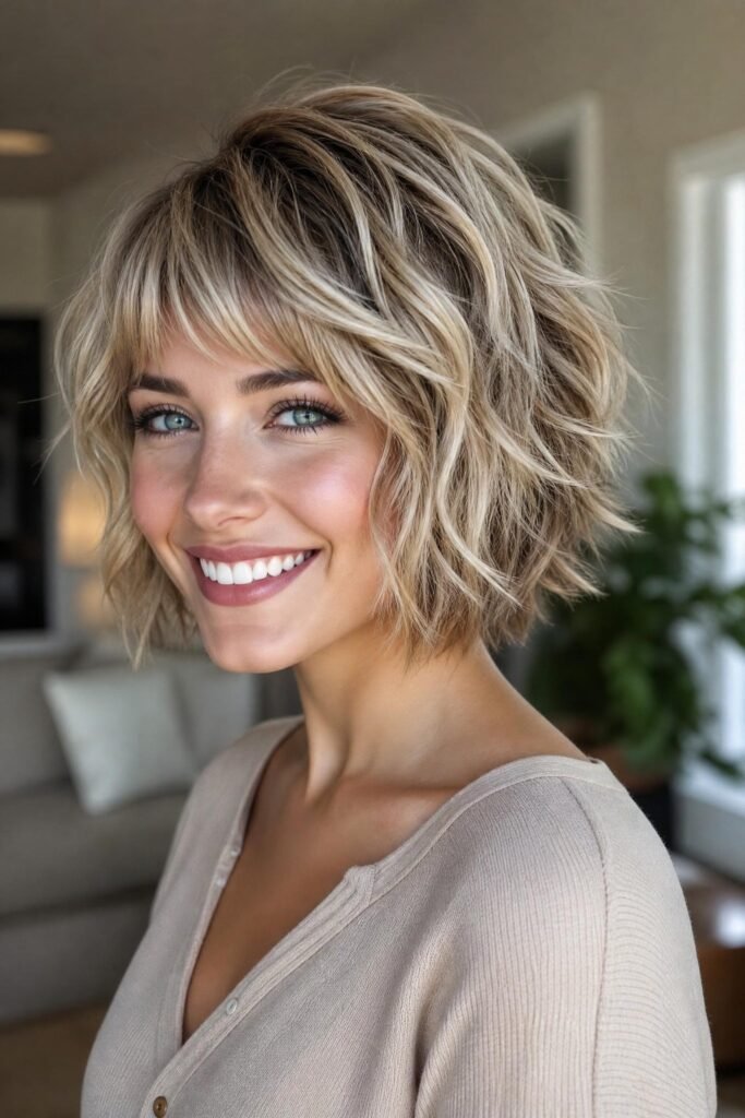 Voluminous Blonde Choppy Bob with Textured Layers and Bangs