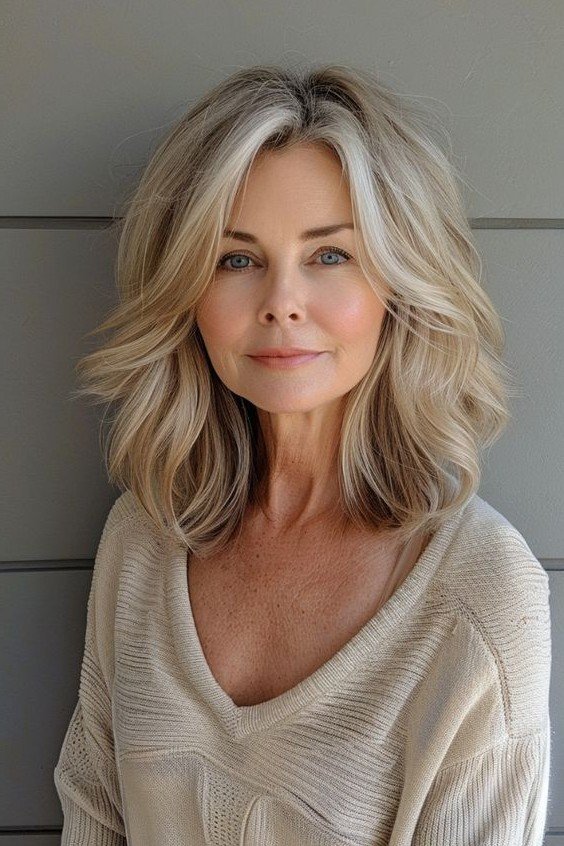Voluminous Blonde Mid-Length Cut with Soft Layered Waves