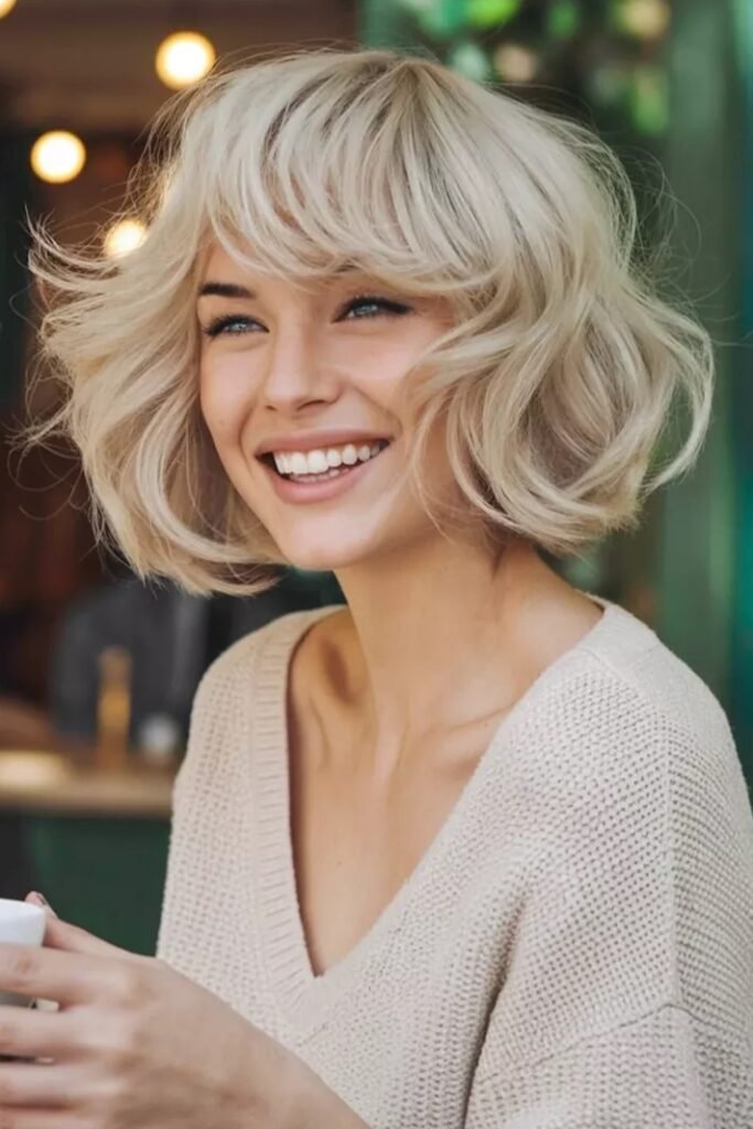 Voluminous Blonde Shaggy Bob with Layered Side Swept Bangs