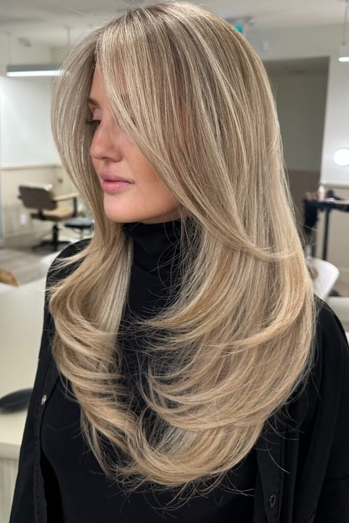 Voluminous Blowout Layers with Face-Framing Curtain Bangs
