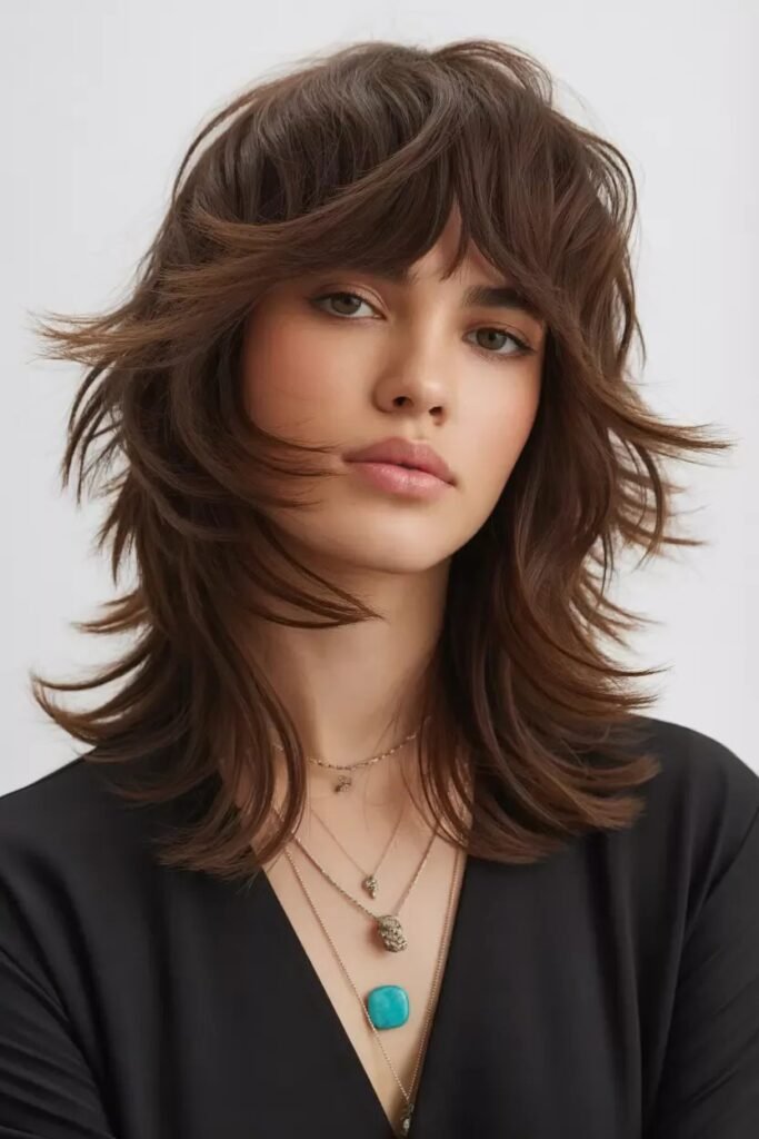 Voluminous Chocolate Brown Shaggy Haircut with Soft Layers