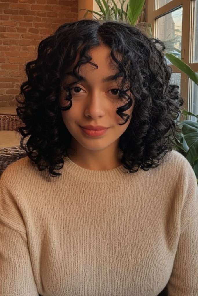Voluminous Curly Bob with Center-Parted Curls