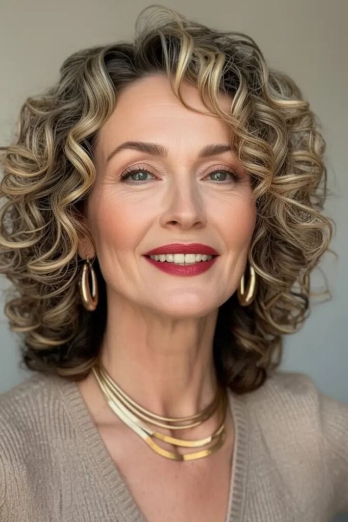 Voluminous Curly Bob with Side Part and Highlights