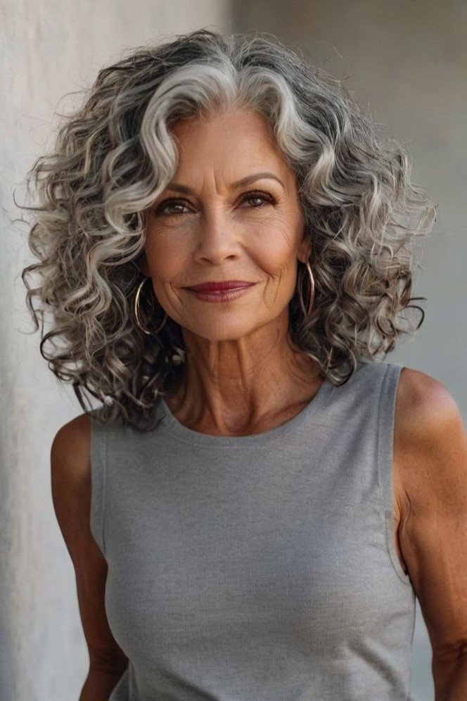 Voluminous Curly Bob with Silver Highlights
