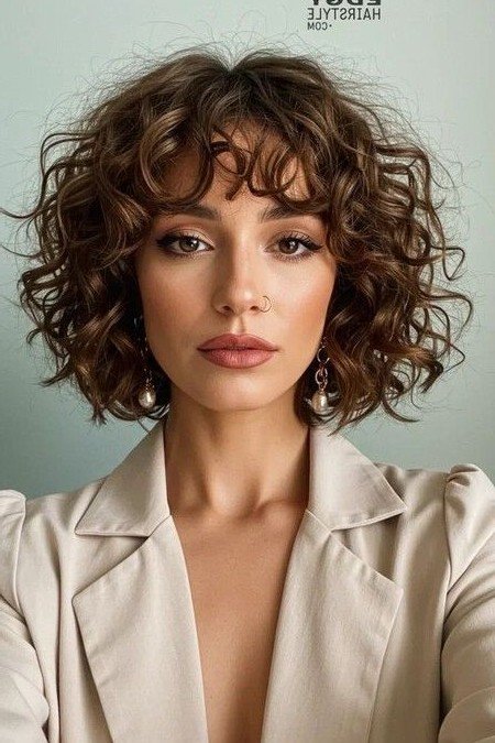 Voluminous Curly Bob with Soft Bangs