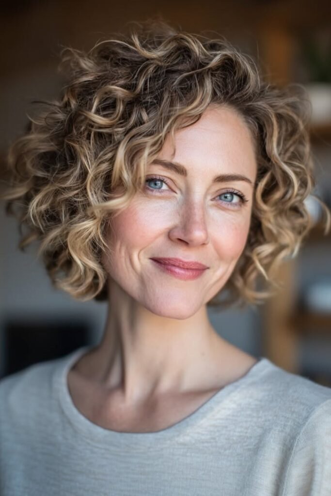 Voluminous Curly Bob with Soft Blonde Highlights