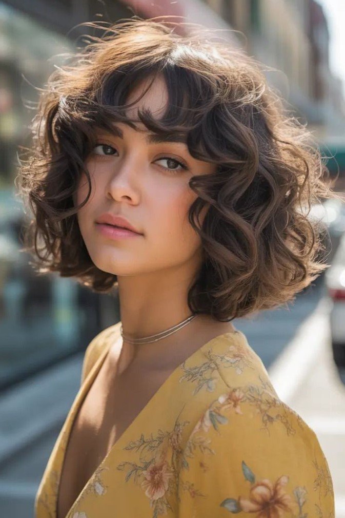 Voluminous Curly Bob with Soft Curly Bangs