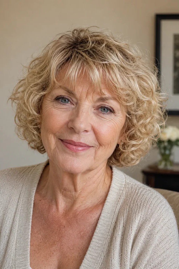 Voluminous Curly Bob with Soft Fringe