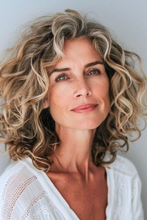 Voluminous Curly Bob with Soft Highlights