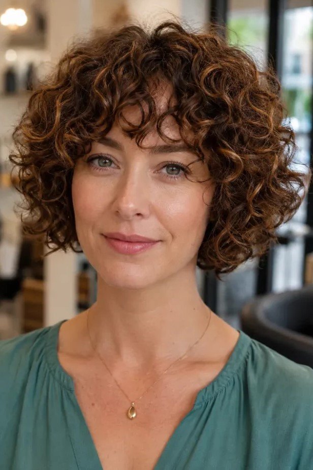 Voluminous Curly Brown Bob with Soft Fringe