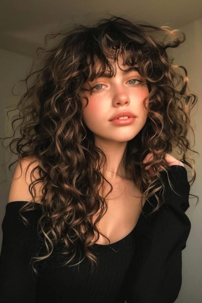 Voluminous Curly Shag with Full Bangs