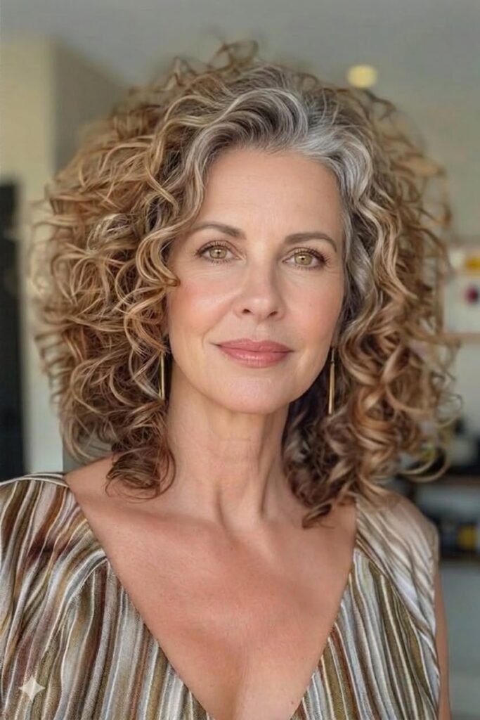 Voluminous Curly Shoulder-Length Hair with Highlights