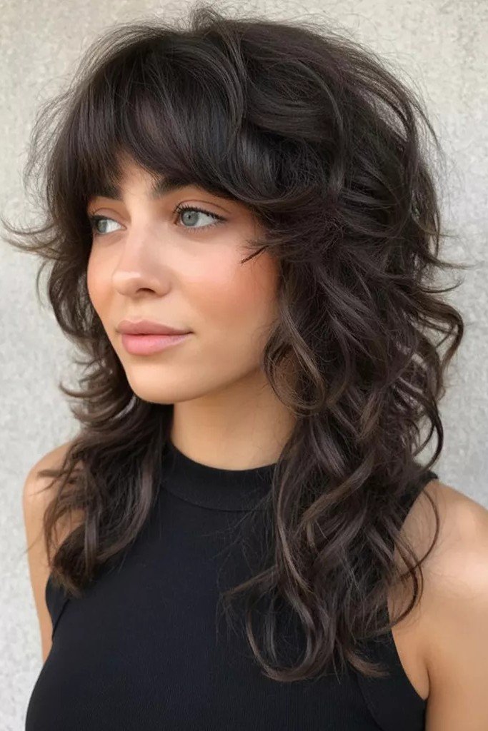 Voluminous Dark Brown Shag with Textured Bangs