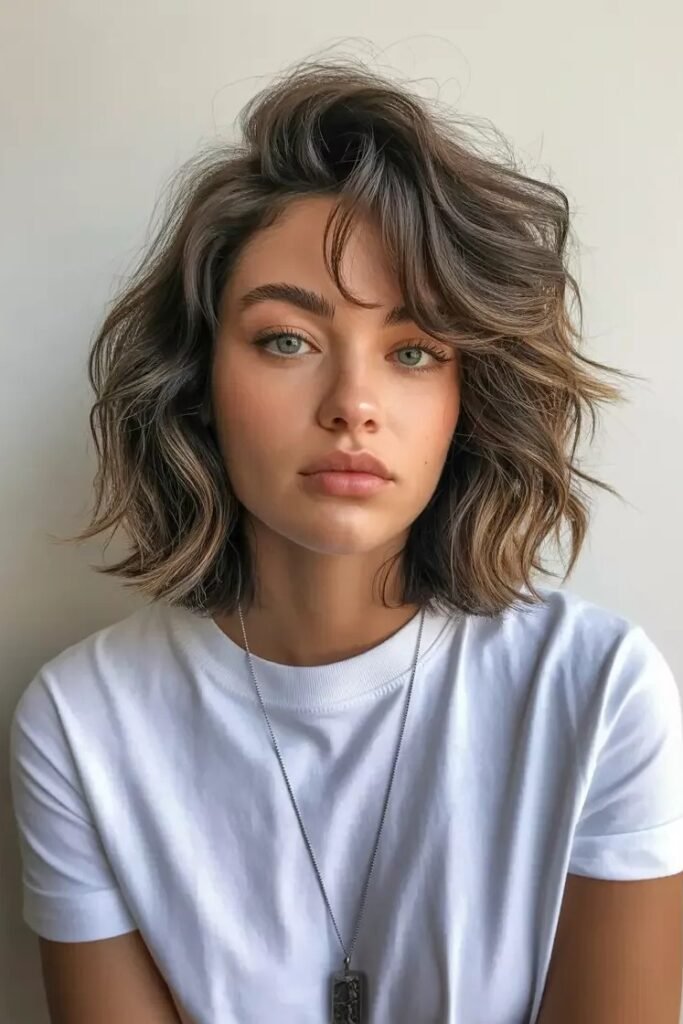 Voluminous Dark Brown Side-Parted Bob with Textured Waves