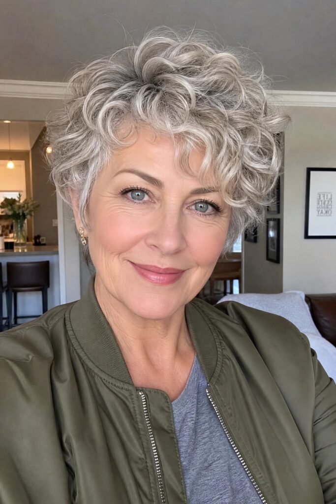 Voluminous Grey Curly Pixie Crop with Soft Front Curls