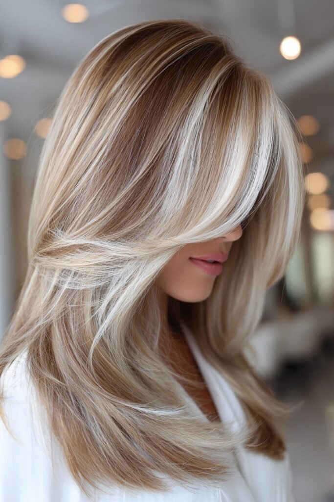 Voluminous Layered Blonde Blowout with Face-Framing Bangs