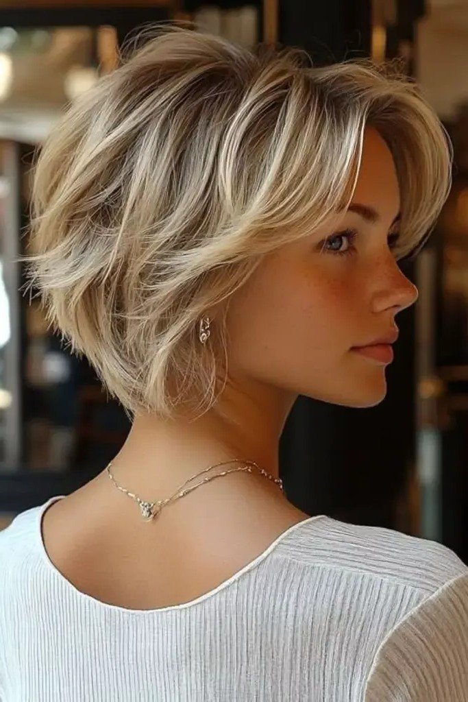 Voluminous Layered Blonde Bob with Feathered Bangs