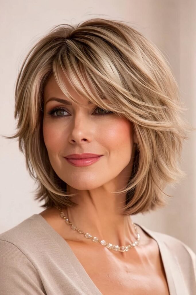 Voluminous Layered Bob with Side-Swept Fringe