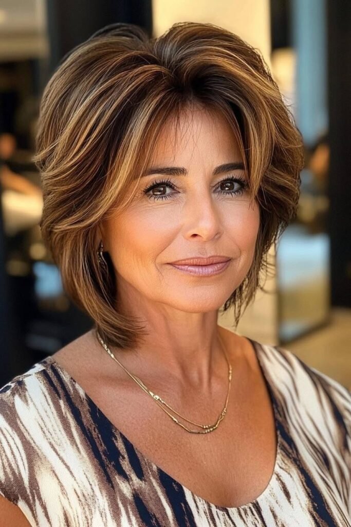 Voluminous Layered Bob with Warm Honey Highlights