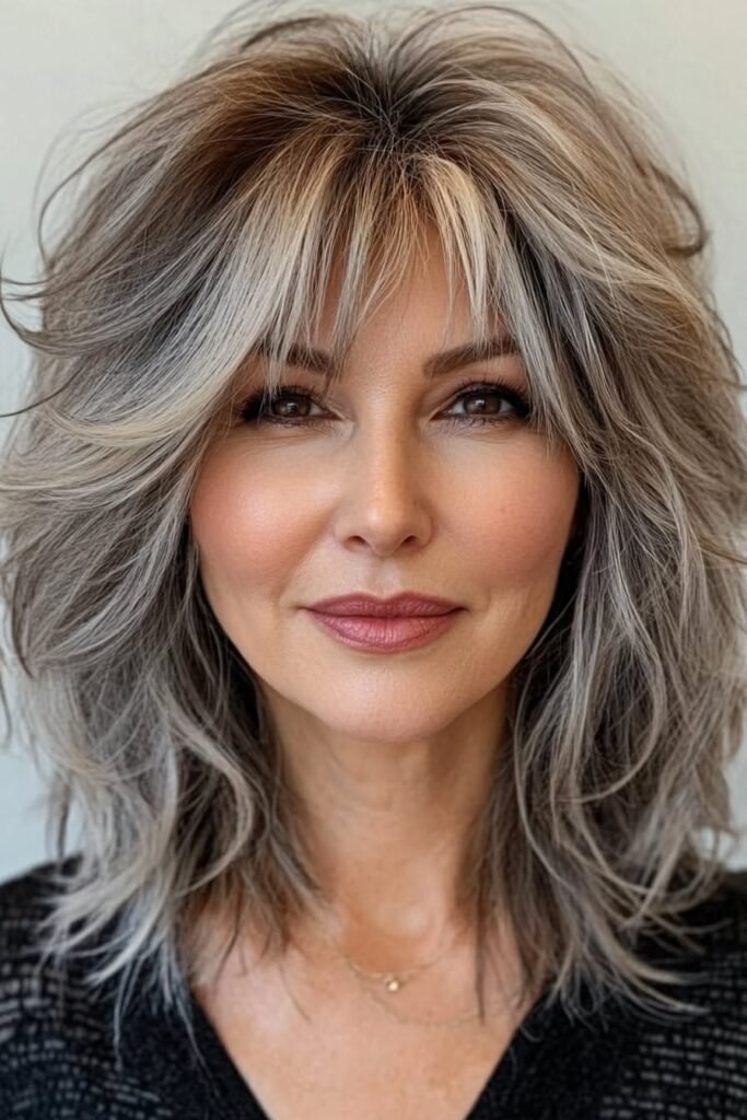 Voluminous Layered Choppy Shag with Soft Silver-Brown Tones and Curtain Bangs