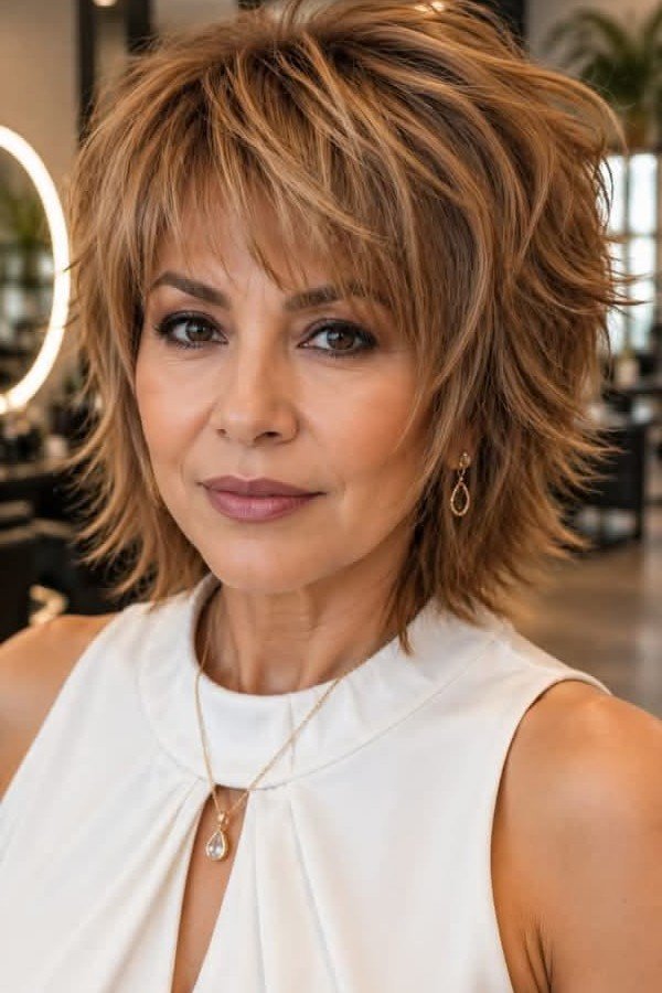 Voluminous Layered Shag Bob with Wispy Bangs