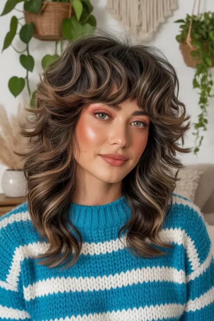 Voluminous Layered Shag with Blonde Highlights and Curtain Bangs