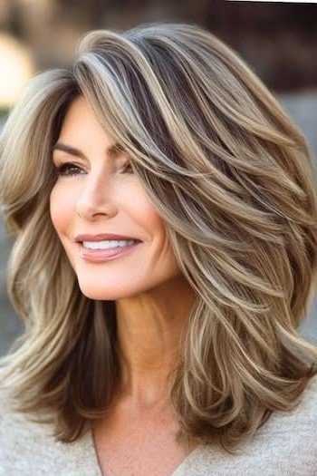 Voluminous Layered Shoulder-Length Cut with Blonde Highlights