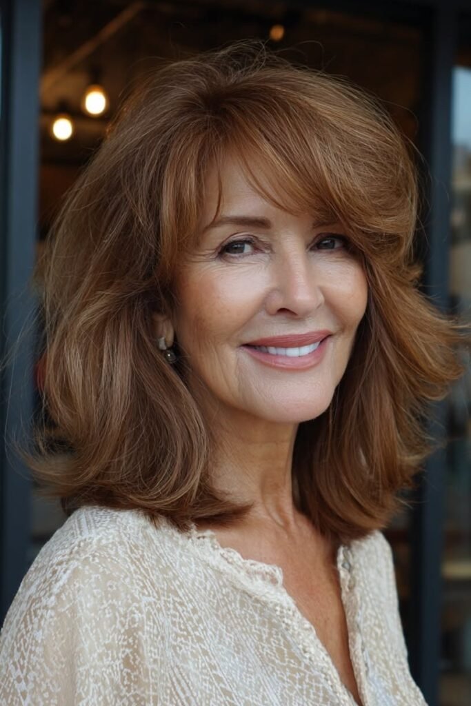 Voluminous Layered Shoulder-Length Cut with Side-Swept Bangs