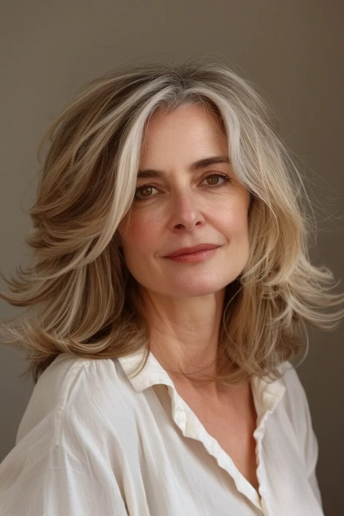 Voluminous Medium Layered Hairstyle with Face-Framing Highlights