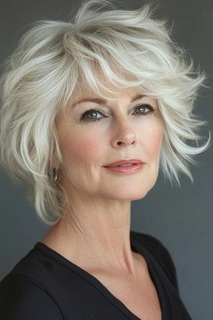 Voluminous Platinum Blonde Shaggy Bob with Texturized Ends