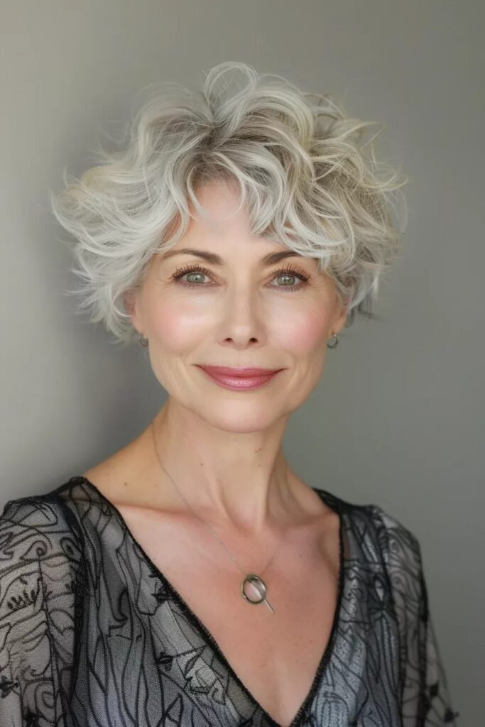 Voluminous Platinum Curly Crop with Soft Waves