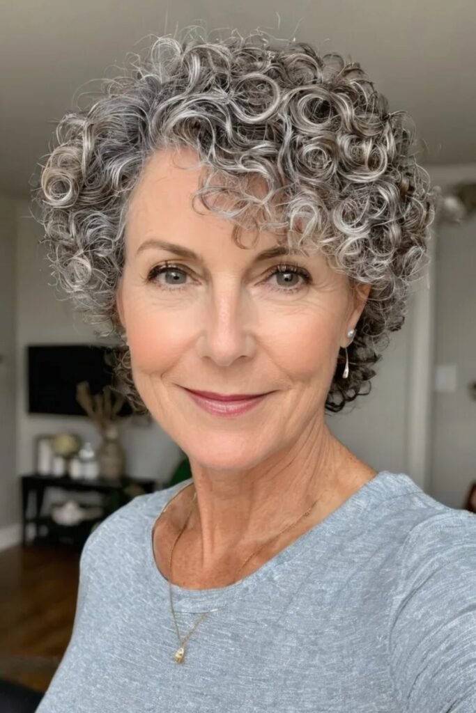 Voluminous Salt-and-Pepper Curly Short Crop with Soft Front Bangs