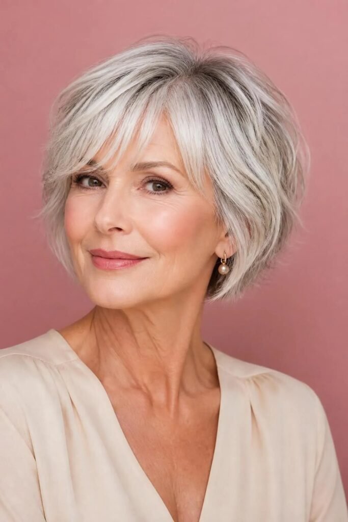 Voluminous Silver Choppy Bob with Face-Framing Bangs