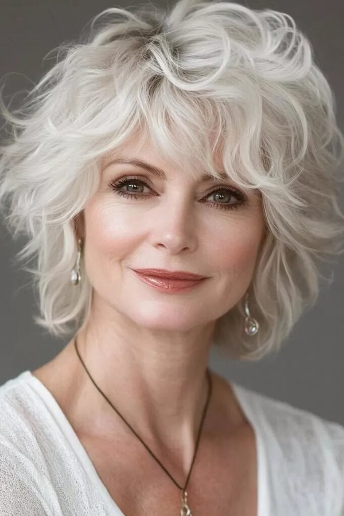 Voluminous Silver Curly Bob with Tousled Layers