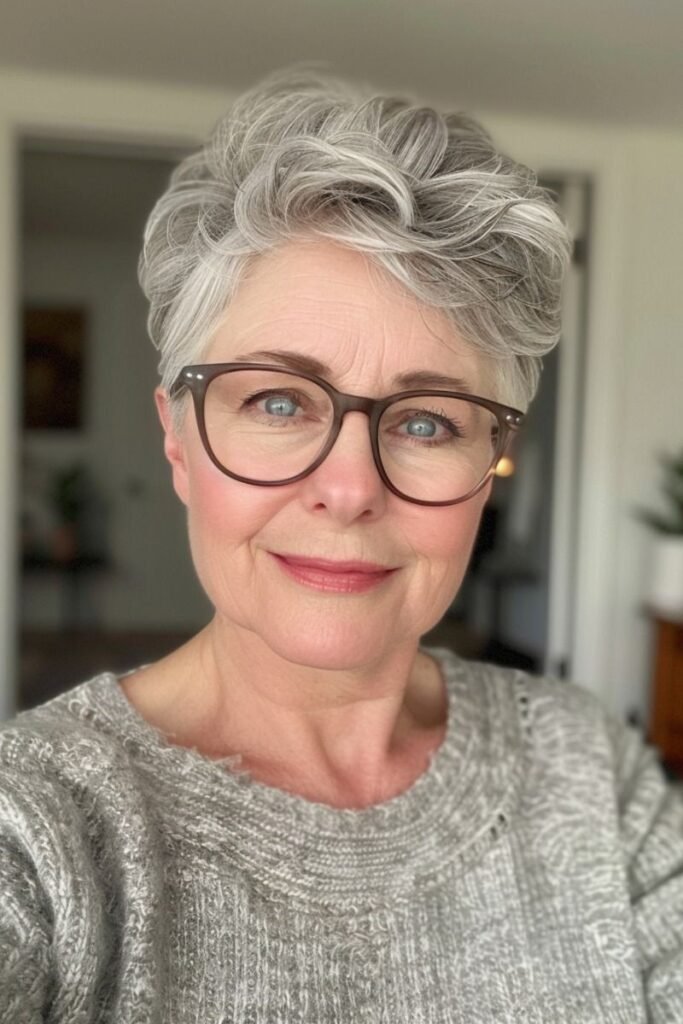 Voluminous Silver Pixie Cut with Swept-Back Top