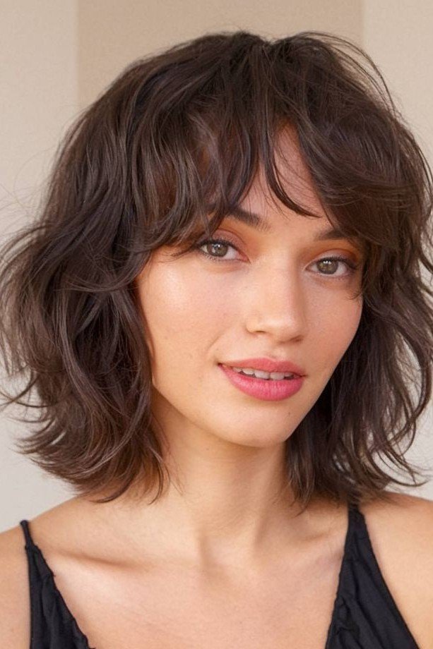 Voluminous Textured Bob with Layered Bangs