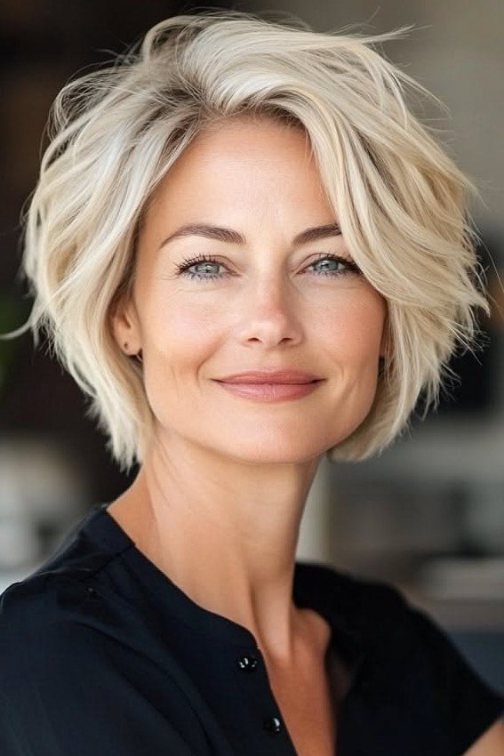 Voluminous Wavy Blonde Bob with Side-Swept Texture