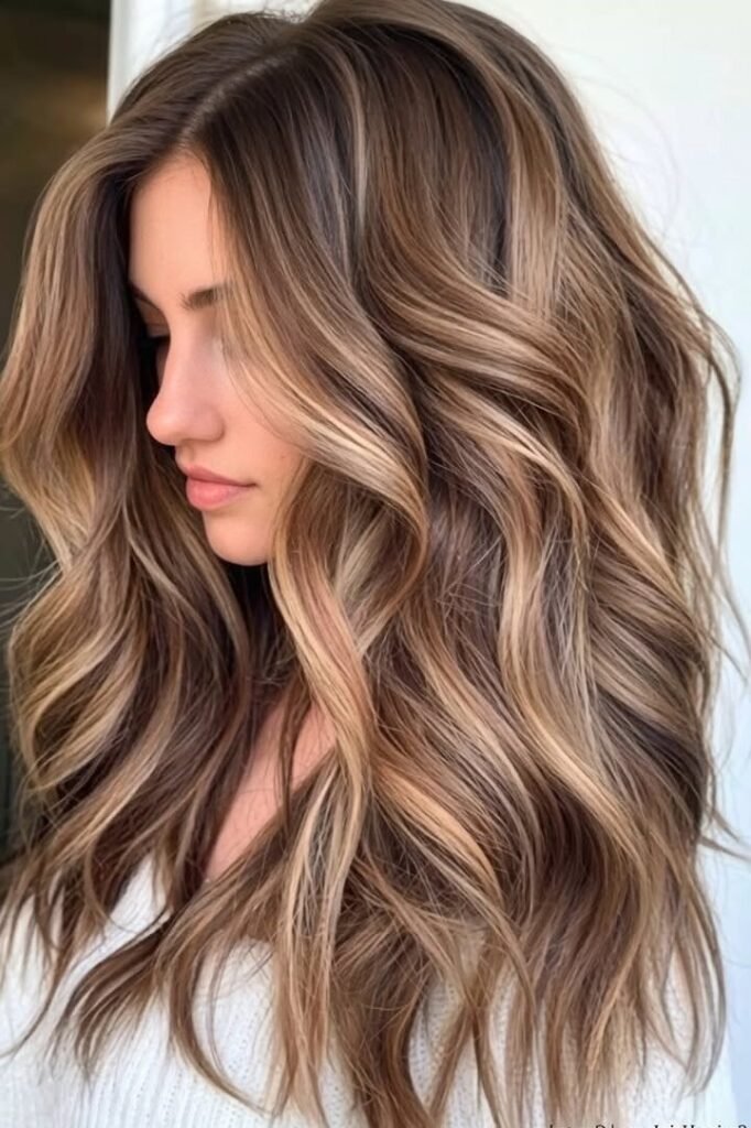 Voluminous Wavy Hair with Caramel and Blonde Highlights