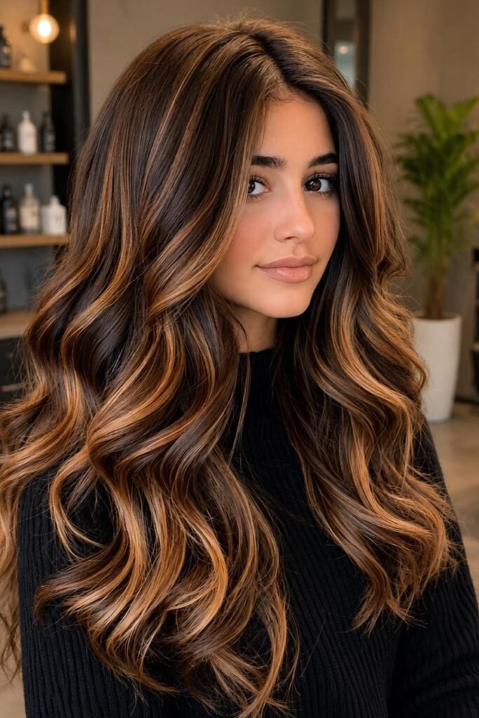 Voluminous Wavy Hair with Rich Brown and Caramel Dimension