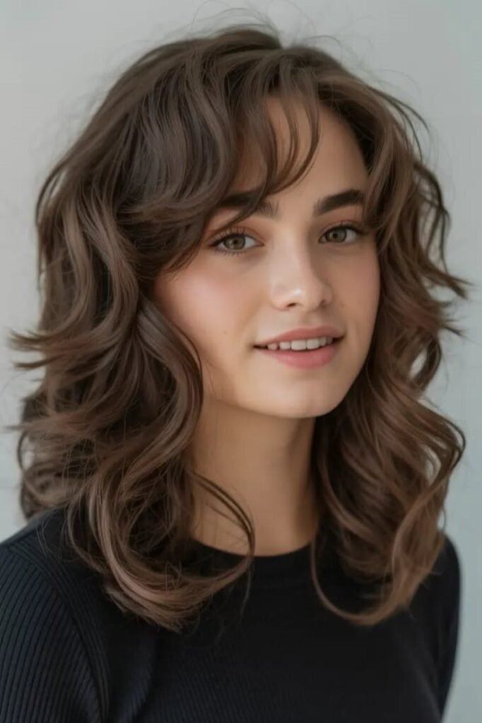 Voluminous Wavy Shag with Layered Curtain Bangs