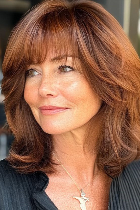 Warm Auburn Layered Bob with Full Bangs