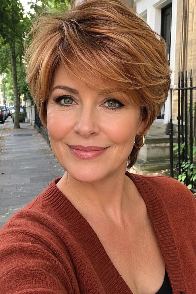 Warm Auburn Layered Bob with Side-Swept Bangs