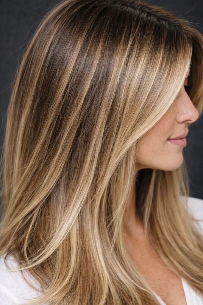Warm Brown Layered Cut with Golden Blonde Highlights