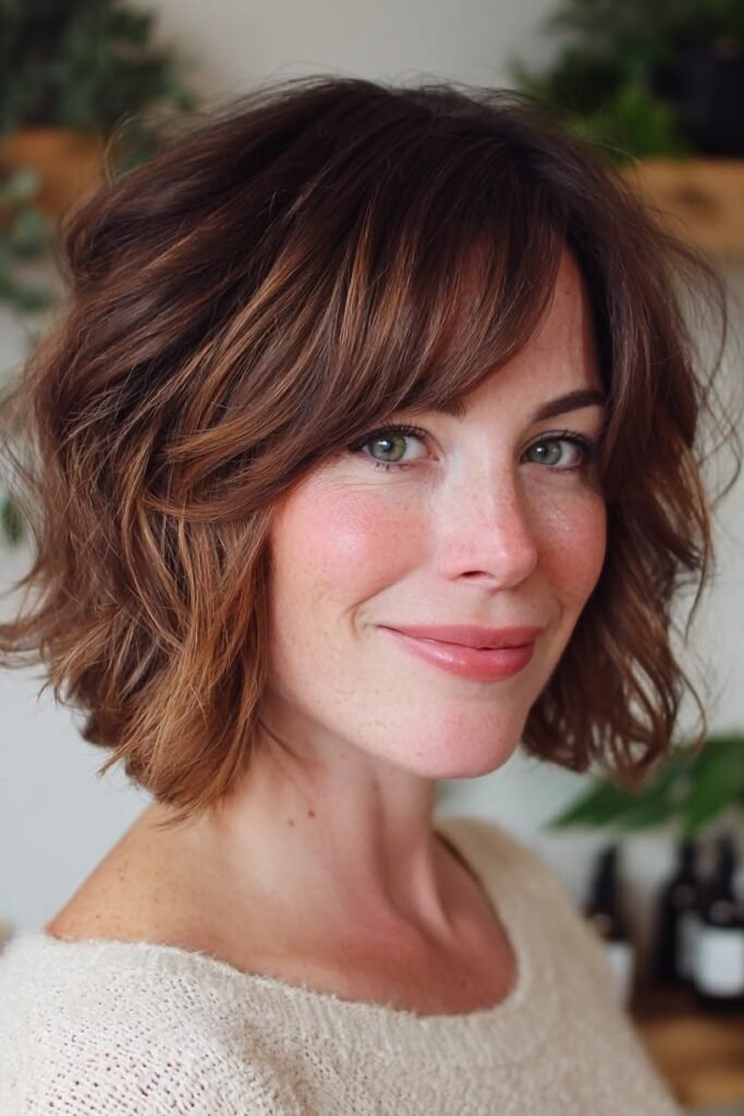 Warm Brunette Wavy Bob with Soft Side-Swept Bangs