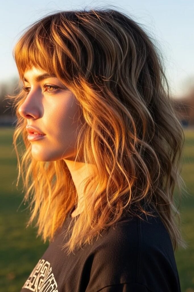 Warm Golden Brown Wavy Wolf with Bangs