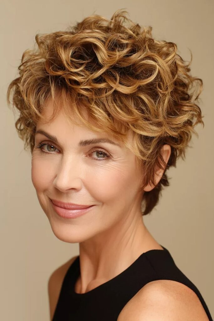 Warm Honey Blonde Curly Short Crop with Layered Bangs